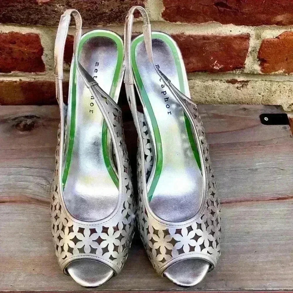 METAPHOR Platform Pump Heels Silver Cut Out Open Toe Sling Back Heels Size 9 - Picture 6 of 8